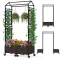 COSTWAY Blumenkasten mit Rankgitter & hängendem Dach, 163 cm, 2 in 1 Rosenbogen mit 2 Pflanzkästen, Gartenbogen auf Rollen, Metall & PP-Rattan, Rankkasten mit Spalier, für Kletterpflanzen (Braun) - Thumbnail 1