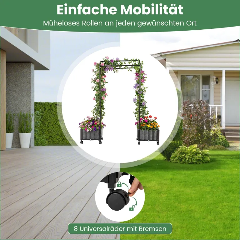 COSTWAY Blumenkasten mit Rankgitter & hängendem Dach, 163 cm, 2 in 1 Rosenbogen mit 2 Pflanzkästen, Gartenbogen auf Rollen, Metall & PP-Rattan, Rankkasten mit Spalier, für Kletterpflanzen (Grau) – Bild 7