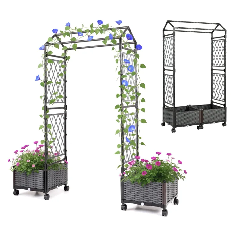 COSTWAY Blumenkasten mit Rankgitter & hängendem Dach, 163 cm, 2 in 1 Rosenbogen mit 2 Pflanzkästen, Gartenbogen auf Rollen, Metall & PP-Rattan, Rankkasten mit Spalier, für Kletterpflanzen (Grau) – Bild 1