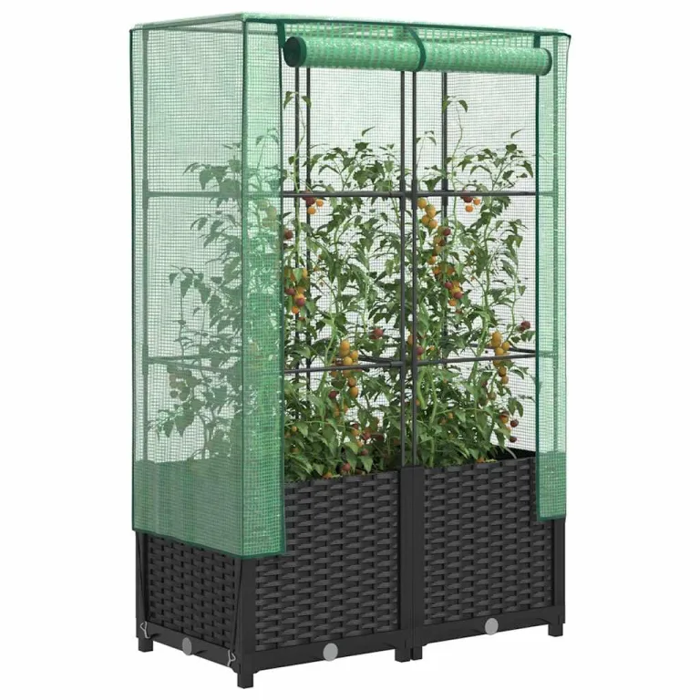 Hochbeet Gewächshaus 80x40x138 cm Schwarz Rattanoptik, Raised Garden Box mit Eisenrohr PE-Schutzplane Tomatenhaus Balkon Terrasse Garten – Bild 1