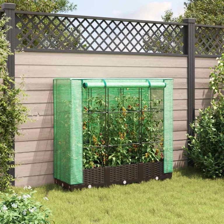 Hochbeet m. Gewächshausaufsatz 120x40x123 cm, Rattan-Optik Braun, Eisenrahmen, wetterfestes PP-Beet & PE-Haube, Belüftung, Balkon Terrasse – Bild 3