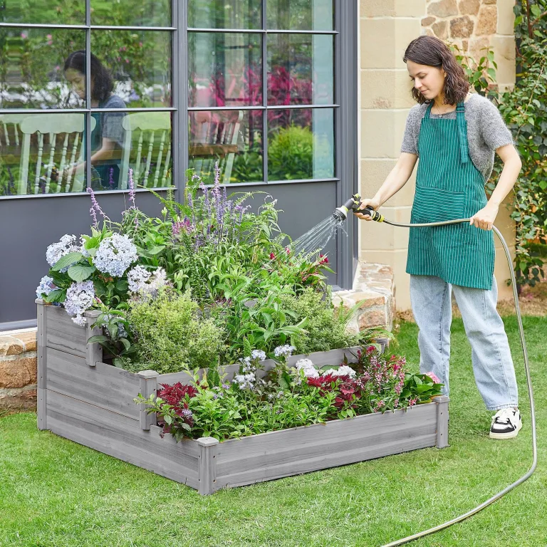 Yaheetech 3 Stufiges Hochbeet Holz Balkon Garten Kräuterbeet Frühbeet Gartenbeet Pflanzenbeet Stufenbeet Blumentreppe stapelbar 120 x 120 x 56cm Grau – Bild 3