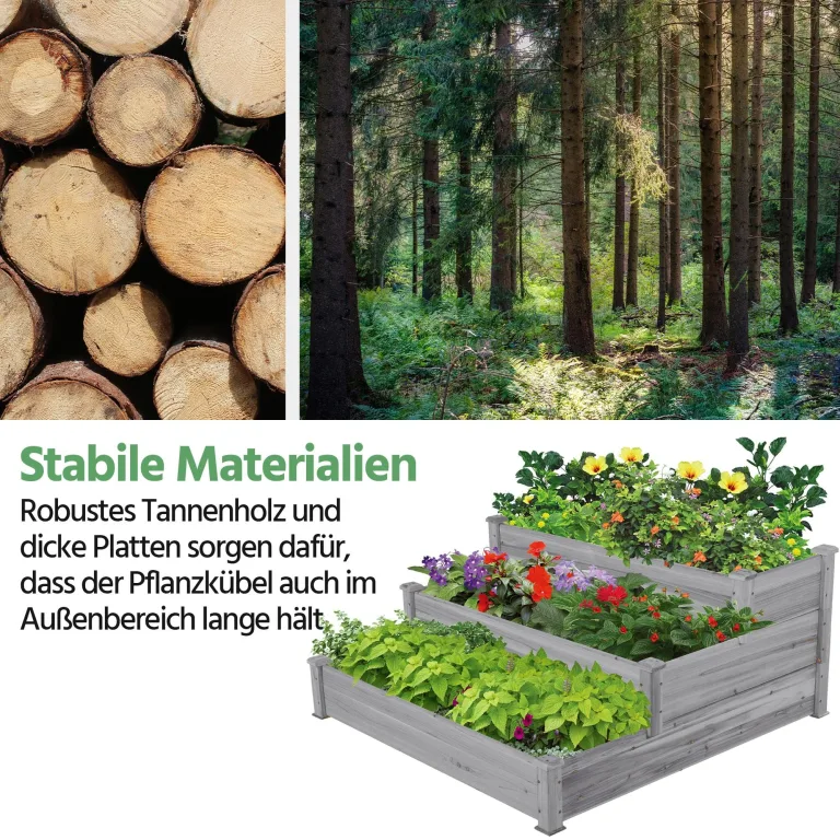 Yaheetech 3 Stufiges Hochbeet Holz Balkon Garten Kräuterbeet Frühbeet Gartenbeet Pflanzenbeet Stufenbeet Blumentreppe stapelbar 120 x 120 x 56cm Grau – Bild 4
