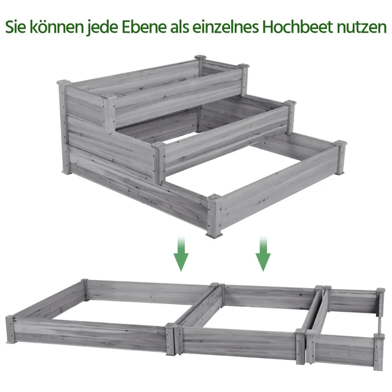 Yaheetech 3 Stufiges Hochbeet Holz Balkon Garten Kräuterbeet Frühbeet Gartenbeet Pflanzenbeet Stufenbeet Blumentreppe stapelbar 120 x 120 x 56cm Grau – Bild 5