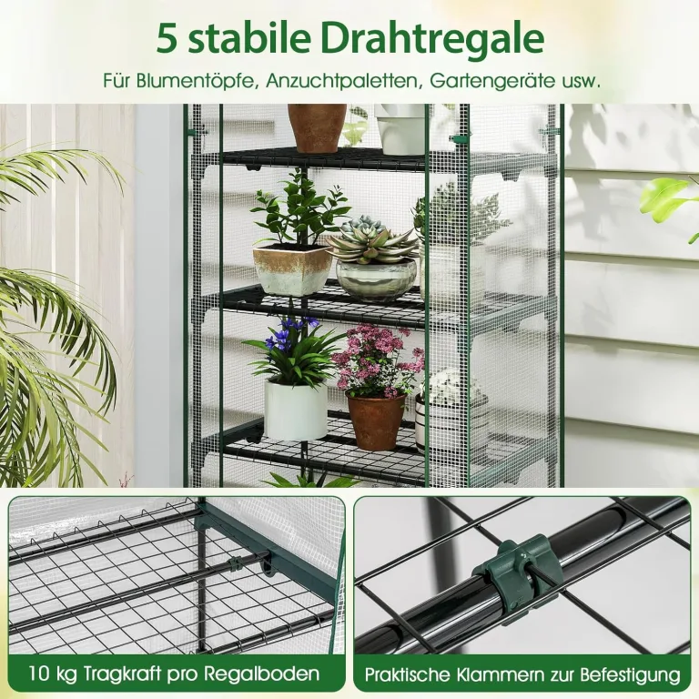 COSTWAY Gewächshaus klein, Mini Tomatengewächshaus mit 5 Regalböden aus Metall, Foliengewächshaus Winterfest für Terrasse, Balkon & Garten, 69 x 48 x 190 cm (Grün) – Bild 6