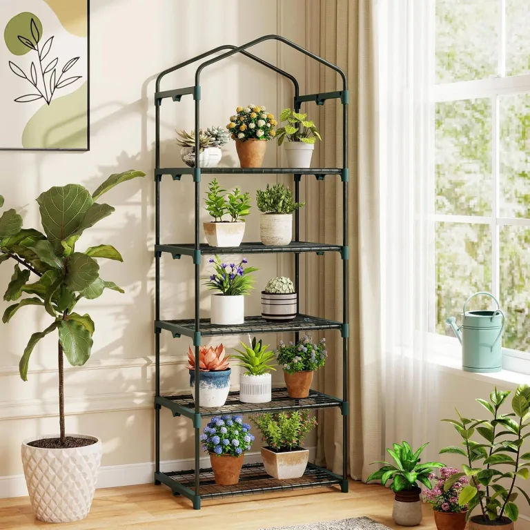 COSTWAY Gewächshaus klein, Mini Tomatengewächshaus mit 5 Regalböden aus Metall, Foliengewächshaus Winterfest für Terrasse, Balkon & Garten, 69 x 48 x 190 cm (Grün) – Bild 8