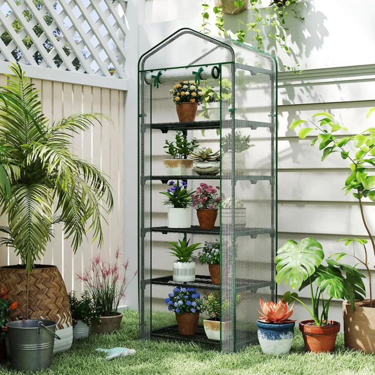 COSTWAY Gewächshaus klein, Mini Tomatengewächshaus mit 5 Regalböden aus Metall, Foliengewächshaus Winterfest für Terrasse, Balkon & Garten, 69 x 48 x 190 cm (Grün) – Bild 2