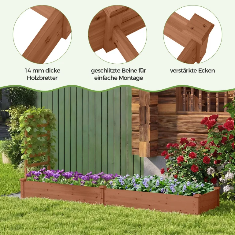 COSTWAY Hochbeet mit Rankgitter, Blumenkasten mit Spalier, Pflanzkasten Tannenholz, Gartenspalier mit Rankkasten, Blumenkübel für Kletterpflanze Balkon Garten Terrasse, 235x63x102 cm (Braun) – Bild 3