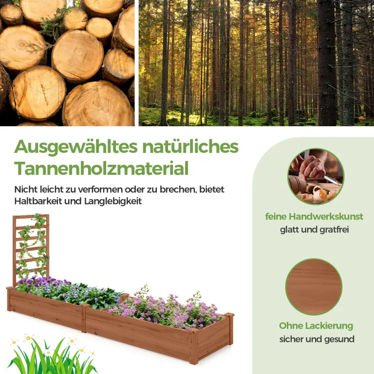 COSTWAY Hochbeet mit Rankgitter, Blumenkasten mit Spalier, Pflanzkasten Tannenholz, Gartenspalier mit Rankkasten, Blumenkübel für Kletterpflanze Balkon Garten Terrasse, 235x63x102 cm (Braun) – Bild 5