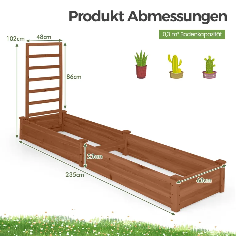 COSTWAY Hochbeet mit Rankgitter, Blumenkasten mit Spalier, Pflanzkasten Tannenholz, Gartenspalier mit Rankkasten, Blumenkübel für Kletterpflanze Balkon Garten Terrasse, 235x63x102 cm (Braun) – Bild 7