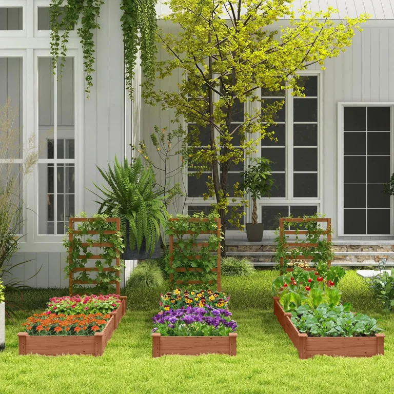 COSTWAY Hochbeet mit Rankgitter, Blumenkasten mit Spalier, Pflanzkasten Tannenholz, Gartenspalier mit Rankkasten, Blumenkübel für Kletterpflanze Balkon Garten Terrasse, 235x63x102 cm (Braun) – Bild 8