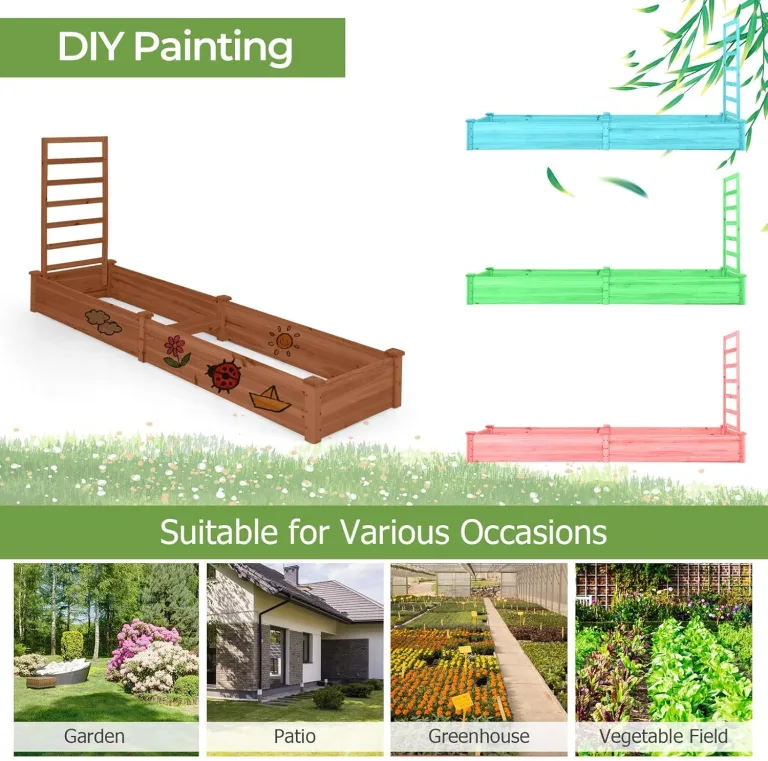 FANTASK Hochbeet mit Spalier, 235 x 63 x 102 cm, Gartenbeet Tannenholz mit Spalier für Kletterpflanze, Pflanzbeet mit Rankgitter, Blumenkübel für Balkon, Garten & Terrasse (Braun) – Bild 5