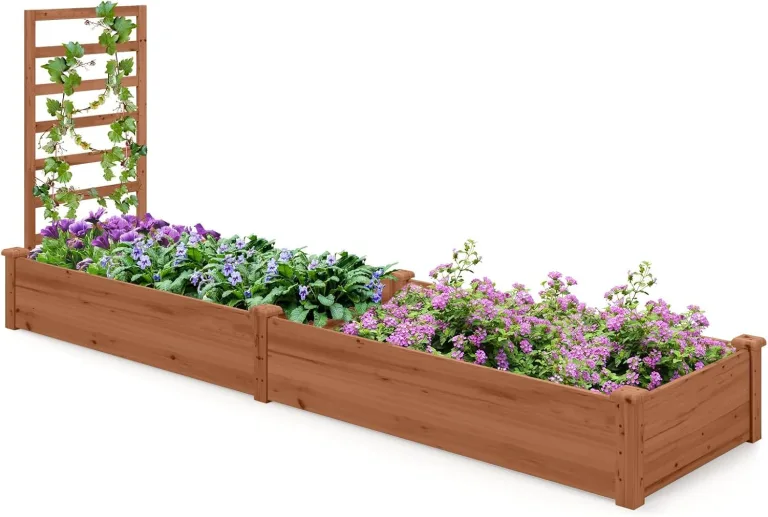 FANTASK Hochbeet mit Spalier, 235 x 63 x 102 cm, Gartenbeet Tannenholz mit Spalier für Kletterpflanze, Pflanzbeet mit Rankgitter, Blumenkübel für Balkon, Garten & Terrasse (Braun) – Bild 1