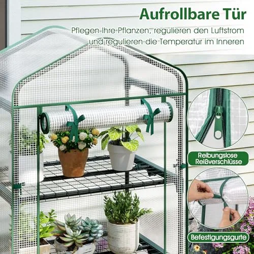 RELAX4LIFE Mini Gewächshaus, Foliengewächshaus mit 5 Regalen & Rolltür & Metallrahmen, Überwinterungszelt für Pflanzen, Tomatengewächshaus Winterfest für Garten, Terrasse, Balkon, 69 x 48 x 190 cm – Bild 10