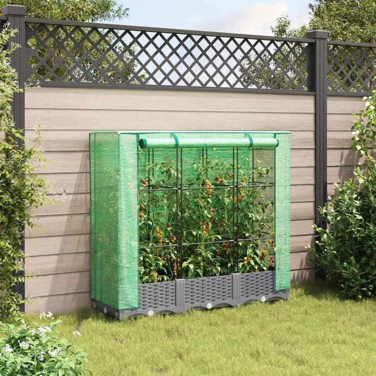 Hochbeet mit Gewächshaus-Aufsatz in Rattan-Optik, 120x40x123 cm, Hellgrau, für Garten, Balkon, Gemüse, Kräuter und Blumen – Bild 3