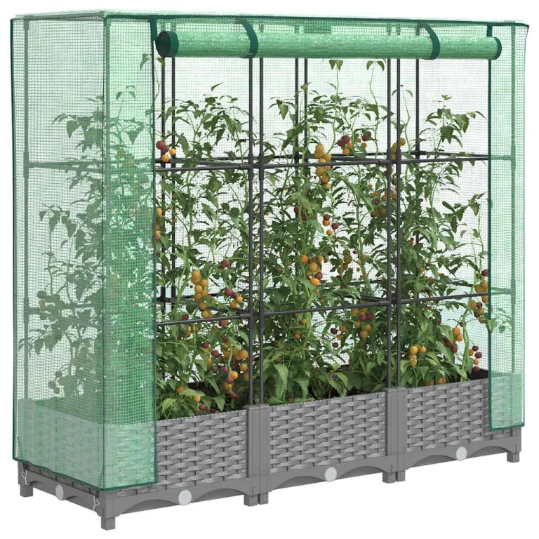 Hochbeet mit Gewächshaus-Aufsatz in Rattan-Optik, 120x40x123 cm, Hellgrau, für Garten, Balkon, Gemüse, Kräuter und Blumen – Bild 1