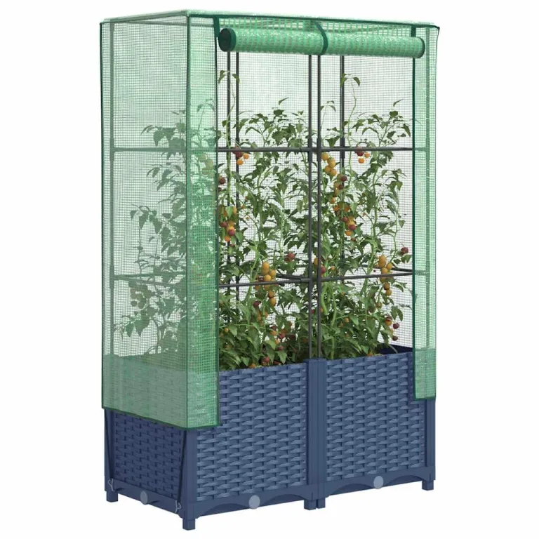 Hochbeet mit Gewächshaus-Aufsatz, Rattan-Optik Hellgrau, 80x40x138 cm PP Eisenrohr, Stabiler Pflanzkasten für Gartenbeete & Gartenarbeit Outdoor, schützt Pflanzen – Bild 10