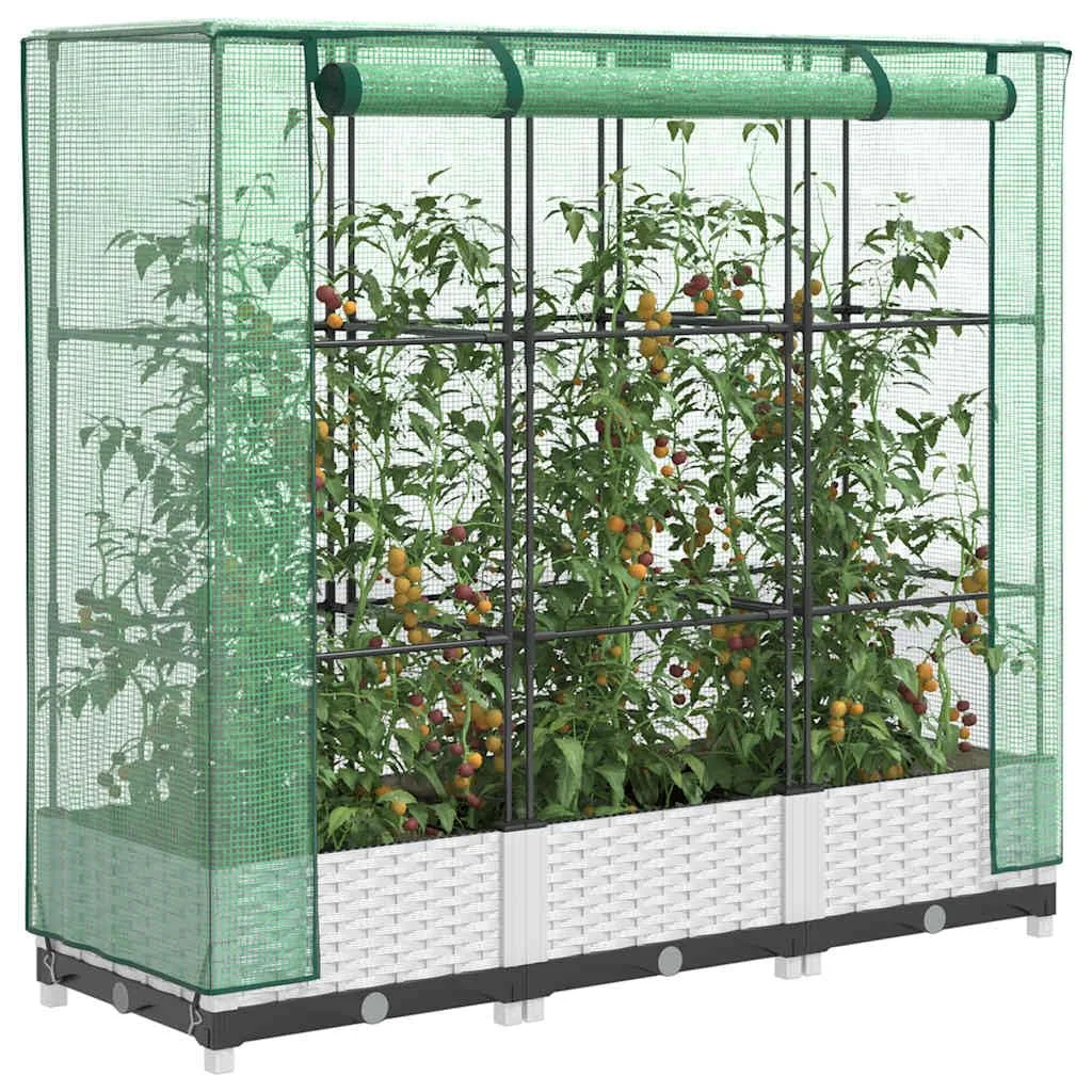 Hochbeet mit Gewächshaus-Aufsatz, Rattan-Optik, 120x40x123 cm, Polypropylen, für Garten, Terrasse und Balkon, weiß - Bild 1