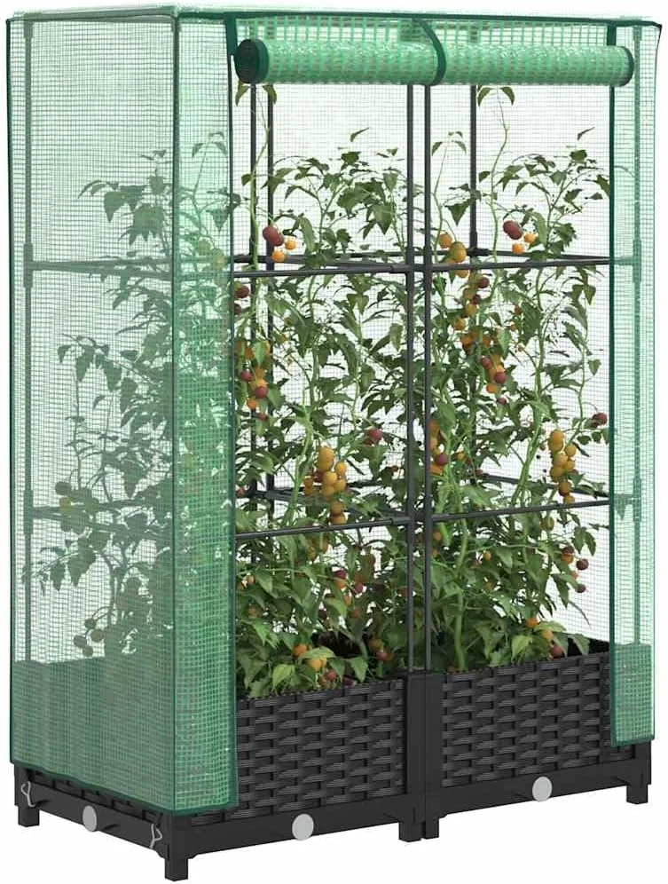 Hochbeet mit Gewächshaus-Aufsatz, Rattan-Optik Schwarz, 80x40x123 cm, Stabiler Eisenrahmen, Pflanzkasten für Garten & Balkon, Frühbeet mit PE-Abdeckung für optimales Wachstum – Bild 1