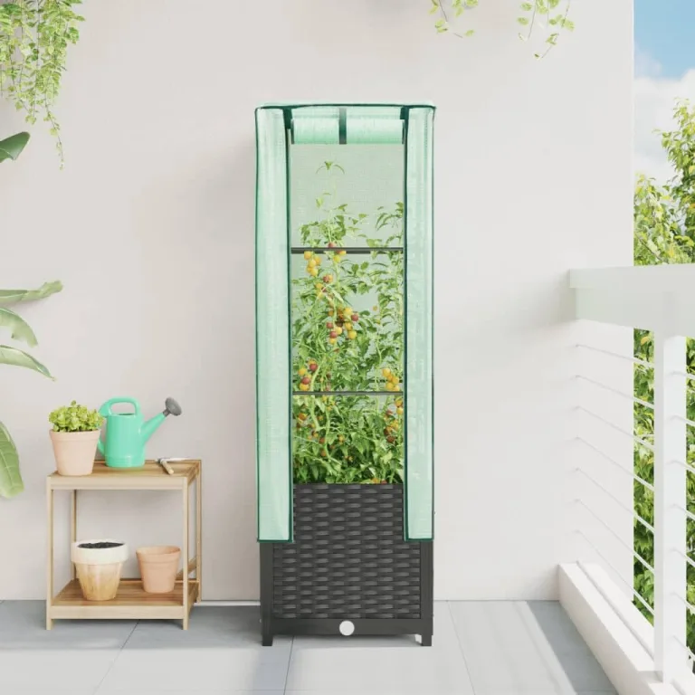 Hochbeet mit Gewächshaus-Aufsatz in Rattan-Optik, 40x40x139 cm, Stabiler Eisenrahmen für Pflanzen, Gemüse und Kräuter, ideal für Garten und Balkon – Bild 3