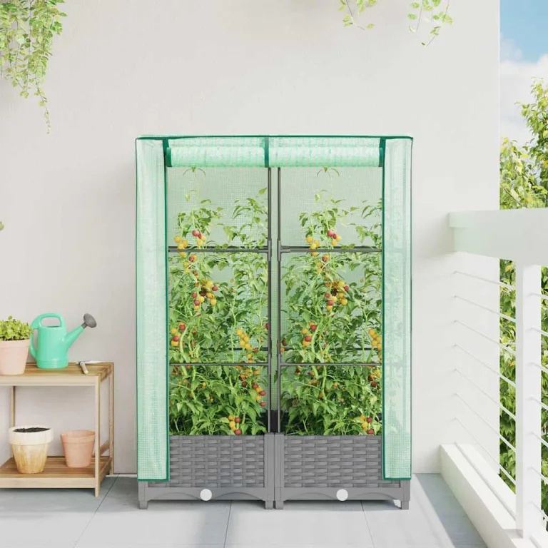 Hochbeet mit Gewächshaus-Aufsatz, Rattan-Optik Hellgrau, 80x40x123 cm, Stabiler Eisenrahmen für Pflanzen, Gemüse, Kräuter und Blumen im Garten – Bild 3