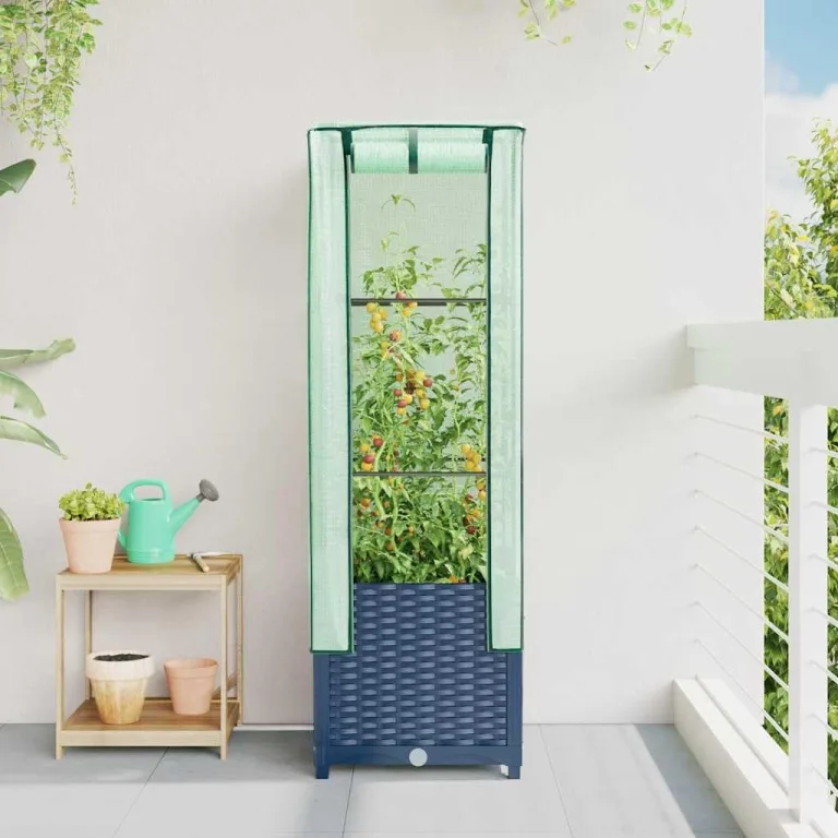 Hochbeet mit Gewächshausaufsatz Rattan-Optik, Erhöhter Pflanzkasten für Gartenbeete Outdoor, stabiles Frühbeet zum Gärtnern aus Polypropylen Eisen, 40x40x139 cm Blaugrau – Bild 3