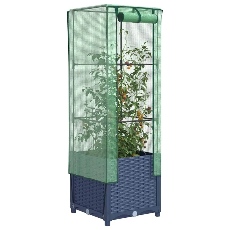 Hochbeet mit Gewächshausaufsatz Rattan-Optik, Erhöhter Pflanzkasten für Gartenbeete Outdoor, stabiles Frühbeet zum Gärtnern aus Polypropylen Eisen, 40x40x139 cm Blaugrau – Bild 1