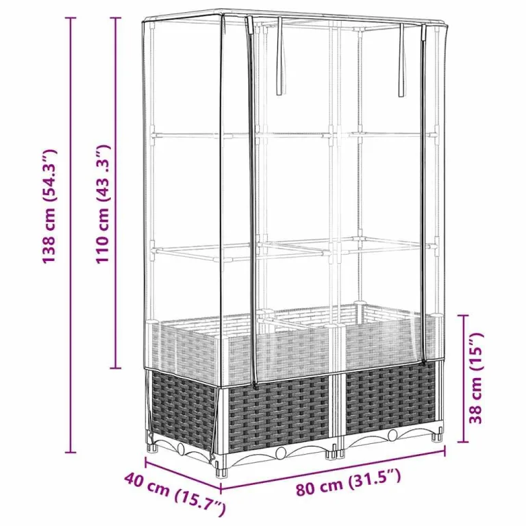 Hochbeet mit Gewächshaus-Aufsatz, Rattan-Optik braun, 80x40x138 cm, Stabiler Pflanzenkübel für Garten, Balkon, Terrasse, Robustes Frühbeet mit Eisenrahmen, für Gemüse und Blumen – Bild 9
