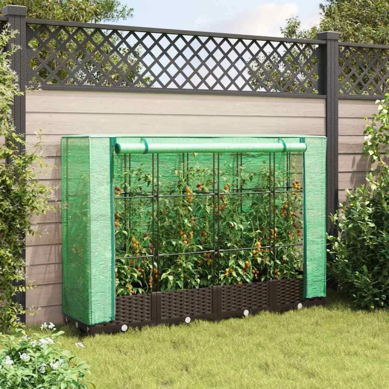 Hochbeet mit Gewächshaus-Aufsatz, Rattan-Optik, aus robustem PP und Eisenrahmen, 160x40x123 cm, Stabiler Pflanzkasten Outdoor für Pflanzen, Gemüse, Kräuter, Blumen – Bild 3