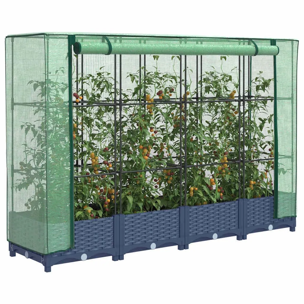 Hochbeet mit Gewächshausabdeckung, Rattanoptik Blaugrau, 160x40x123 cm, Stabiler Pflanzkasten Outdoor für Gartenbeete, Gemüsebeet und Blumenbeet, schützt Pflanzen vor Witterung und Insekten - Bild 1