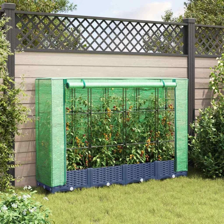 Hochbeet mit Gewächshausabdeckung, Rattanoptik Blaugrau, 160x40x123 cm, Stabiler Pflanzkasten Outdoor für Gartenbeete, Gemüsebeet und Blumenbeet, schützt Pflanzen vor Witterung und Insekten – Bild 3