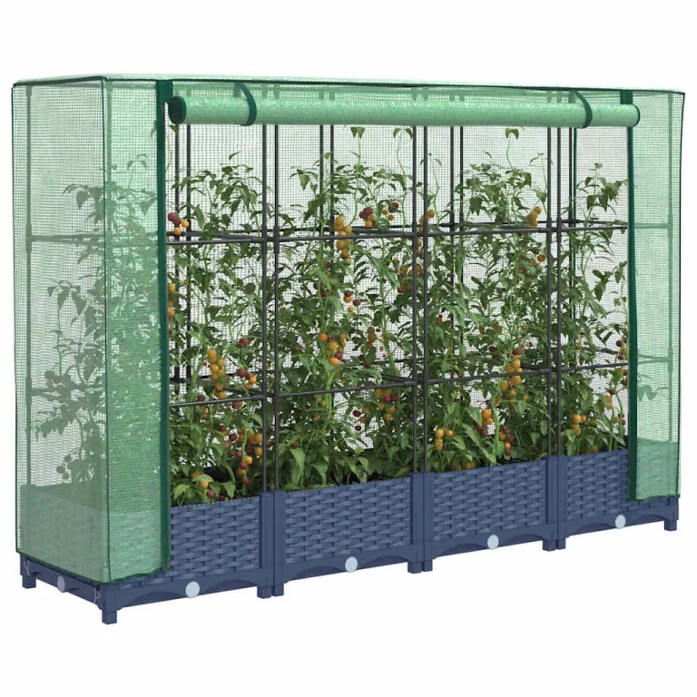 Hochbeet mit Gewächshausabdeckung, Rattanoptik Blaugrau, 160x40x123 cm, Stabiler Pflanzkasten Outdoor für Gartenbeete, Gemüsebeet und Blumenbeet, schützt Pflanzen vor Witterung und Insekten – Bild 1