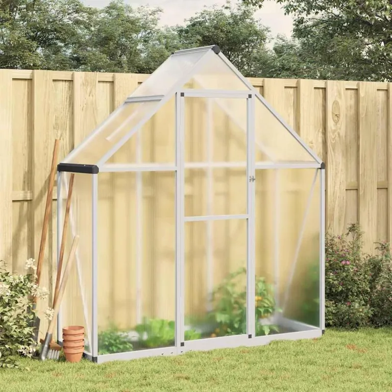 Gecheer Gewächshaus, Aluminium Rahmen mit Fundament 169x58x195cm, UV-beständige Polycarbonat Platten, Lüftungsfenster und Regenrinnen für Garten, Pflanzenzucht und Hobby-Gärtner – Bild 1