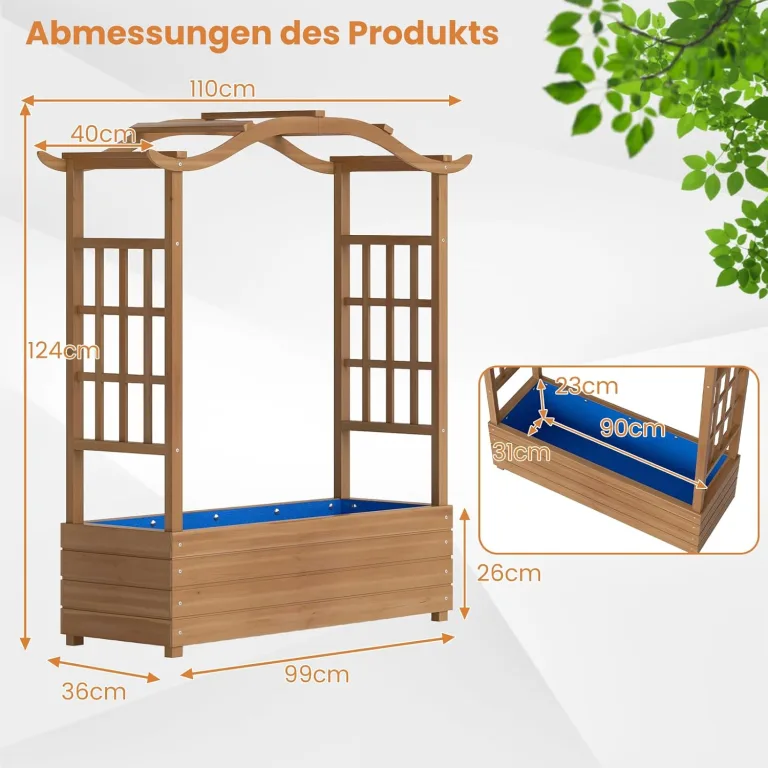 GOPLUS Hochbeet mit Rankgitter & Dekorbogen, Blumenkasten aus Holz mit Rankhilfe, Gartenbett für Blumen, Gemüse, Kräuter, Kletterpflanzen & hängende Körbe, Pflanzkasten für Garten, Hof & Balkon – Bild 3