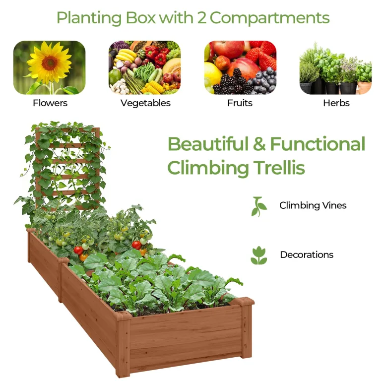 HOMASIS Blumenkasten mit Rankgitter, Hochbeet mit Spalier, Pflanzenkasten Holz, Blumenbeet mit Rankhilfer, Gartenspalier für Kletterpflanzen, Rankkasten für Balkon Garten (Braun, 235x63x102cm) – Bild 5