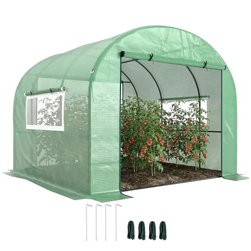 Outsunny Tunnel-Gewächshaus für den Garten, 3 x 3 x 2 m, mit aufrollbaren Türen und Fenstern, Gewächshaus für Gemüsegarten mit Struktur aus Stahl und PE-Abdeckung, für Gemüse, Blumen, Obst, UV-Schutz – Bild 10