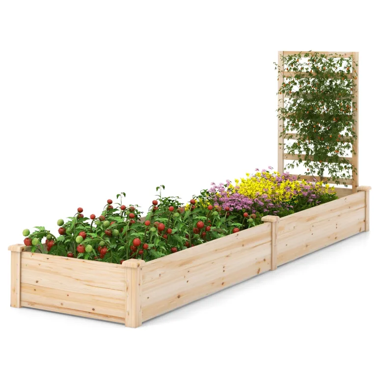 GOPLUS Blumenkasten mit Rankgitter, Hochbeet mit Spalier, Pflanzkasten mit offenem Boden, Gartenspalier aus Tannenholz, Kräuterbeet Gartenbeet für Hof, Terrasse (235 x 63 x 102 cm) – Bild 5