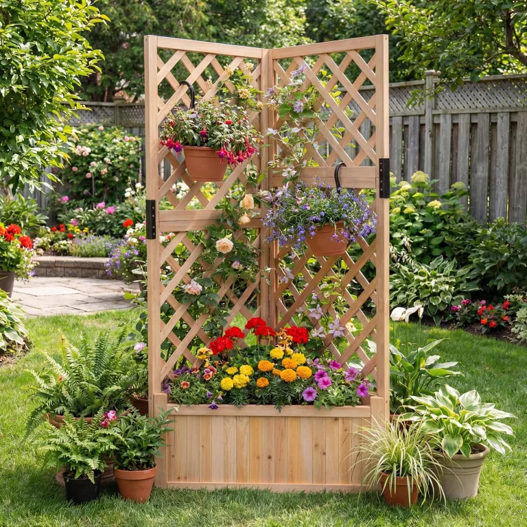 HOMASIS Blumenkasten mit Rankgitter, 140cm Hochbeet Holz, Eck Pflanzkasten mit Spalier & Drainageloch, Gartenspalier für Kletterpflanzen, Pflanzkübel mit Rankhilfe für Balkon Garten Terrasse (Natur) – Bild 2