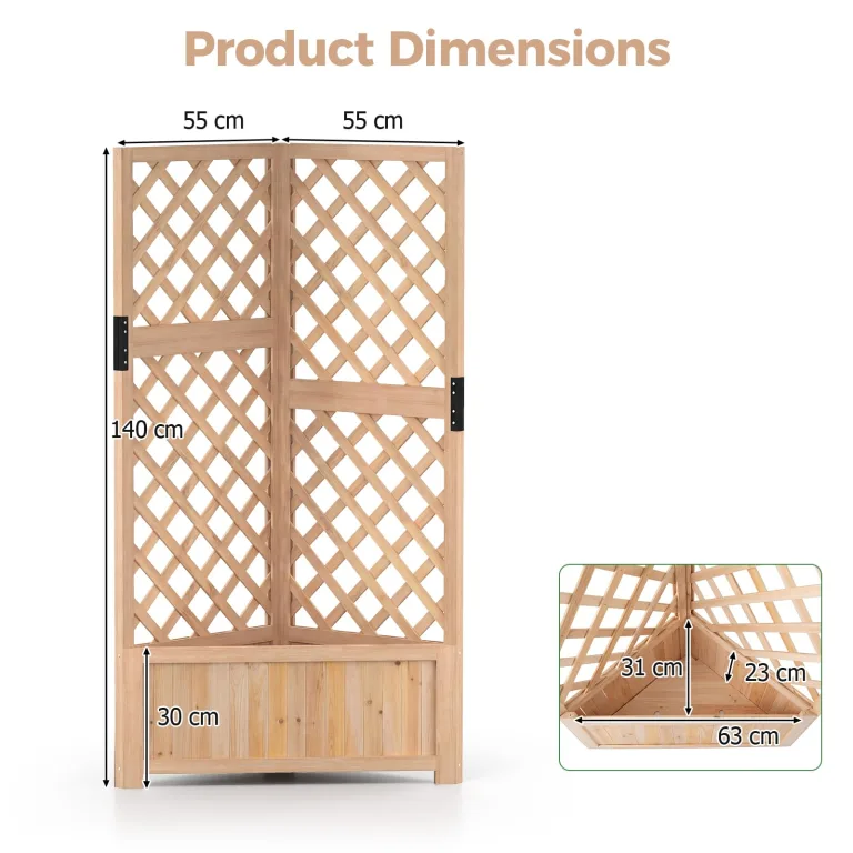 HOMASIS Blumenkasten mit Rankgitter, 140cm Hochbeet Holz, Eck Pflanzkasten mit Spalier & Drainageloch, Gartenspalier für Kletterpflanzen, Pflanzkübel mit Rankhilfe für Balkon Garten Terrasse (Natur) – Bild 3