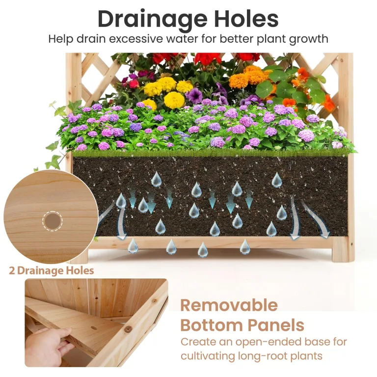 HOMASIS Blumenkasten mit Rankgitter, 140cm Hochbeet Holz, Eck Pflanzkasten mit Spalier & Drainageloch, Gartenspalier für Kletterpflanzen, Pflanzkübel mit Rankhilfe für Balkon Garten Terrasse (Natur) – Bild 5