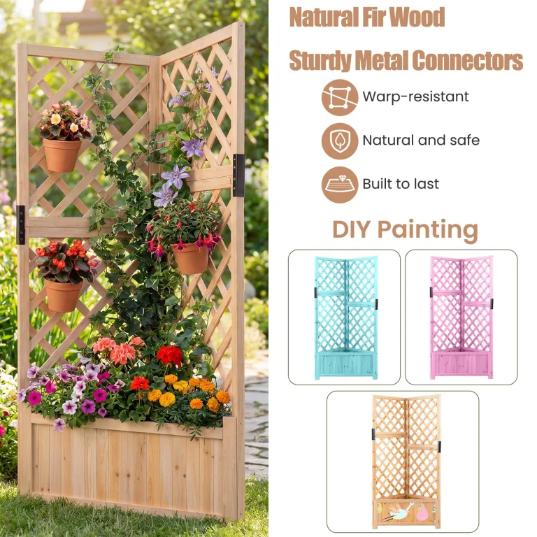 HOMASIS Blumenkasten mit Rankgitter, 140cm Hochbeet Holz, Eck Pflanzkasten mit Spalier & Drainageloch, Gartenspalier für Kletterpflanzen, Pflanzkübel mit Rankhilfe für Balkon Garten Terrasse (Natur) – Bild 8