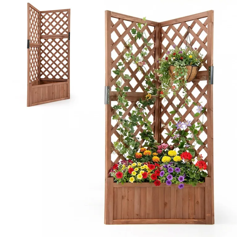 HOMASIS Blumenkasten mit Rankgitter, 140cm Hochbeet Holz, Eck Pflanzkasten mit Spalier & Drainageloch, Gartenspalier für Kletterpflanzen, Pflanzkübel mit Rankhilfe für Balkon Garten Terrasse (Natur) – Bild 9