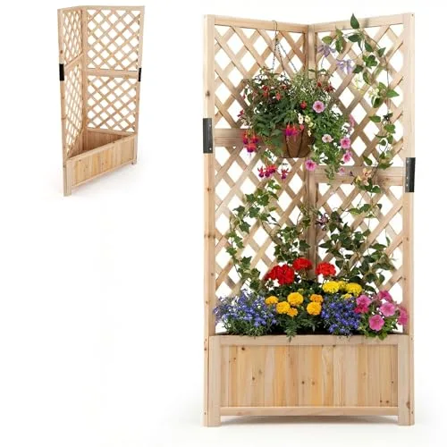 HOMASIS Blumenkasten mit Rankgitter, 140cm Hochbeet Holz, Eck Pflanzkasten mit Spalier & Drainageloch, Gartenspalier für Kletterpflanzen, Pflanzkübel mit Rankhilfe für Balkon Garten Terrasse (Natur) – Bild 10