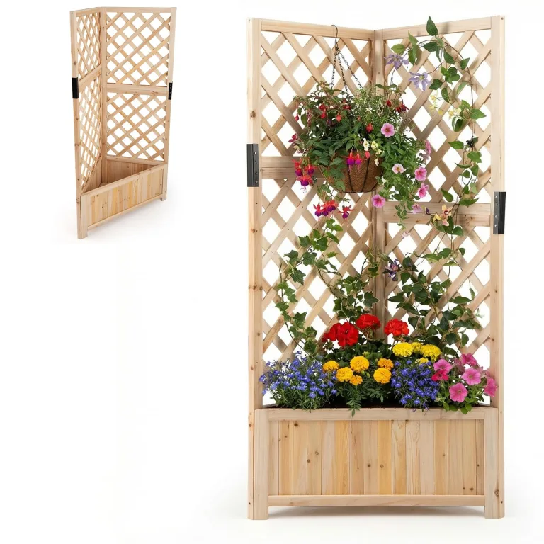 HOMASIS Blumenkasten mit Rankgitter, 140cm Hochbeet Holz, Eck Pflanzkasten mit Spalier & Drainageloch, Gartenspalier für Kletterpflanzen, Pflanzkübel mit Rankhilfe für Balkon Garten Terrasse (Natur) – Bild 1