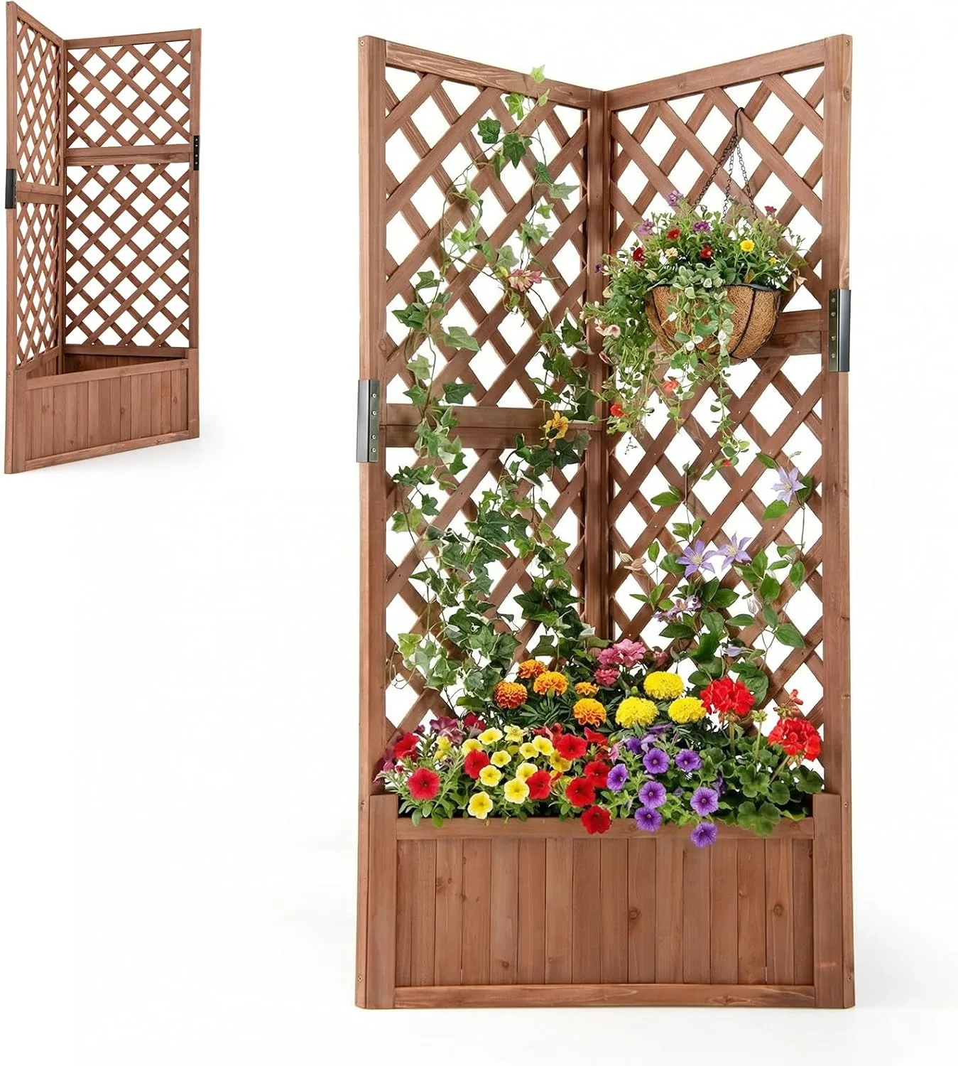 HOMASIS Blumenkasten mit Rankgitter, 140cm Hochbeet Holz, Eck Pflanzkasten mit Spalier & Drainageloch, Gartenspalier für Kletterpflanzen, Pflanzkübel mit Rankhilfe für Balkon Garten Terrasse (Braun) - Bild 1