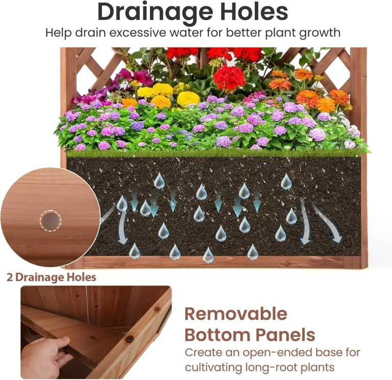 HOMASIS Blumenkasten mit Rankgitter, 140cm Hochbeet Holz, Eck Pflanzkasten mit Spalier & Drainageloch, Gartenspalier für Kletterpflanzen, Pflanzkübel mit Rankhilfe für Balkon Garten Terrasse (Braun) – Bild 8