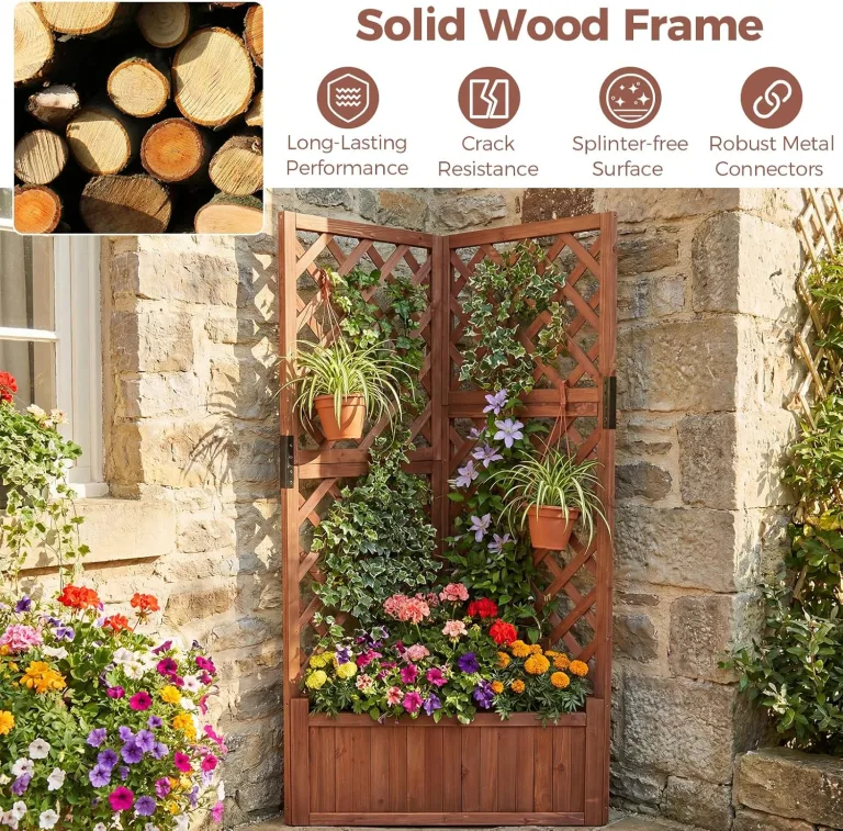 HOMASIS Blumenkasten mit Rankgitter, 140cm Hochbeet Holz, Eck Pflanzkasten mit Spalier & Drainageloch, Gartenspalier für Kletterpflanzen, Pflanzkübel mit Rankhilfe für Balkon Garten Terrasse (Braun) – Bild 9