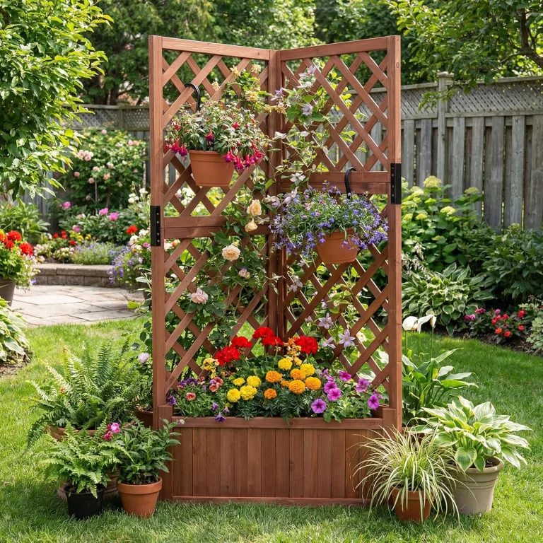 HOMASIS Blumenkasten mit Rankgitter, 140cm Hochbeet Holz, Eck Pflanzkasten mit Spalier & Drainageloch, Gartenspalier für Kletterpflanzen, Pflanzkübel mit Rankhilfe für Balkon Garten Terrasse (Braun) – Bild 5