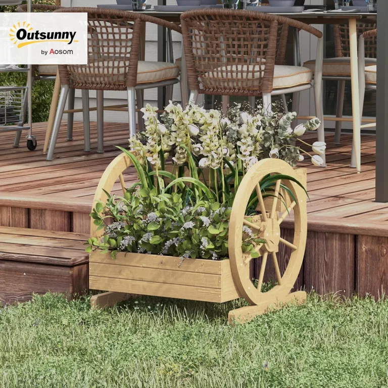 Outsunny Hochbeet aus Holz, Blumenkasten mit 3 Etagen, Gemüsebeet mit Wagenrad-Dekor, Kräuterbeet mit Entwässerungslöchern für Garten, Balkon, Naturholz, 61 x 62 x 57 cm – Bild 3