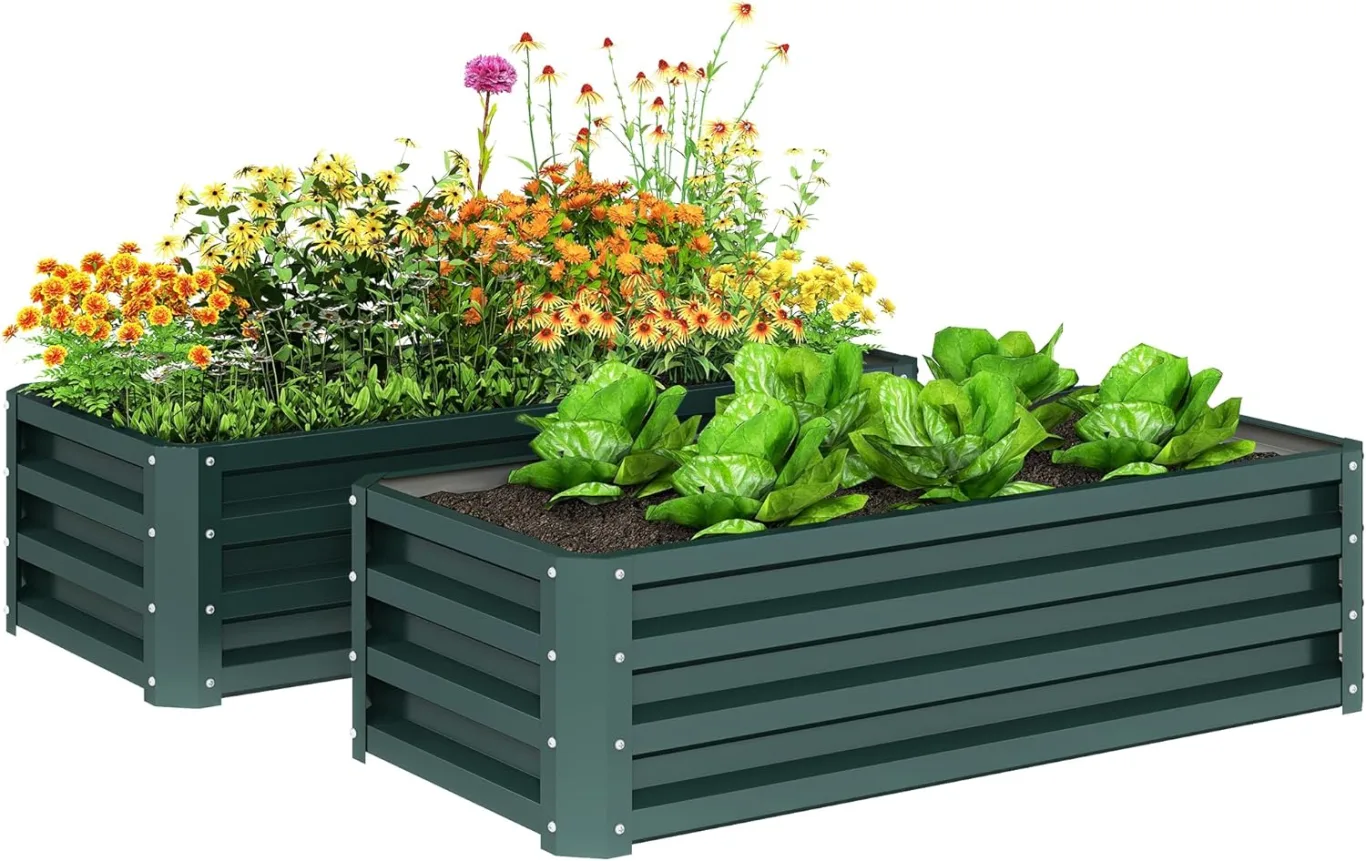 Outsunny 2er-Set Hochbeet Blumenhochbeet witterungsbeständig, Pflanzbeet Frühbeet Gartenbeet Pflanzkübel Pflanzkasten aus Verzinkter Stahl, Blumenkasten für Terrasse & Garten, 110 x 50 x 30 cm - Bild 1